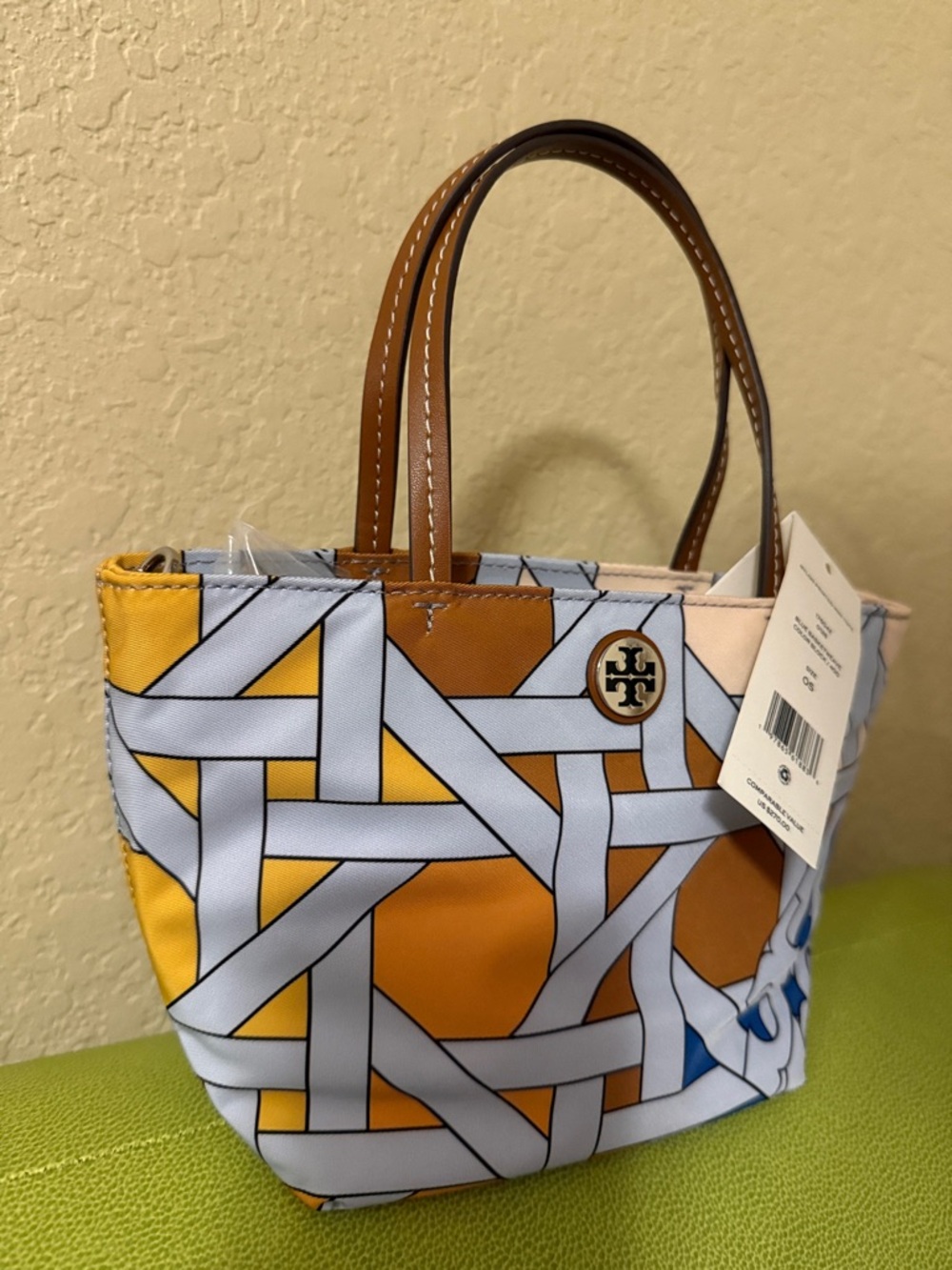 Tory Burch Nylon Printed Mini Tote Blue Basketweave Colorblock - Picture 10 of 11